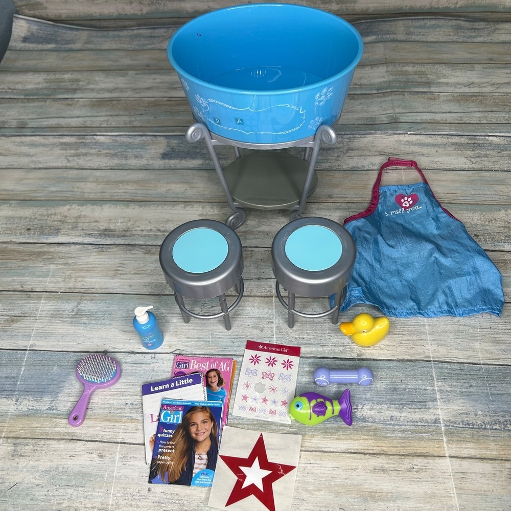 American Girl Doll Pet Grooming Set Duck Apron Tub Brush